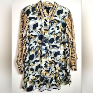 Ali Miles (Sz XL) Multicolor Abstract Patterned Button-Up Roll Tab Sleeve Blouse